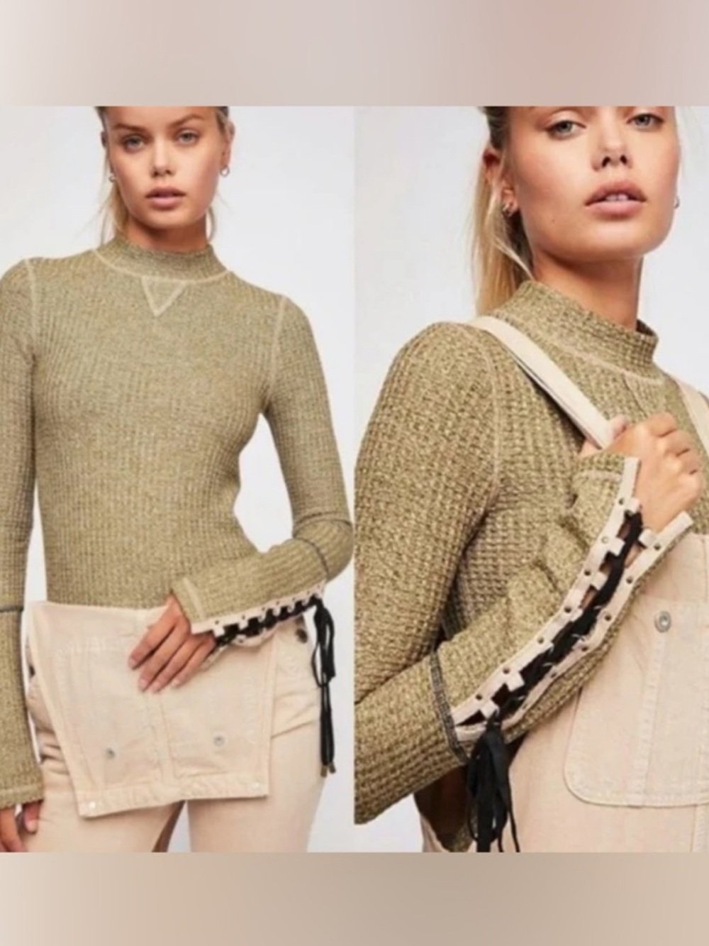 Free People Tan Green Ribbed Women's Top Tie Sleeves XS